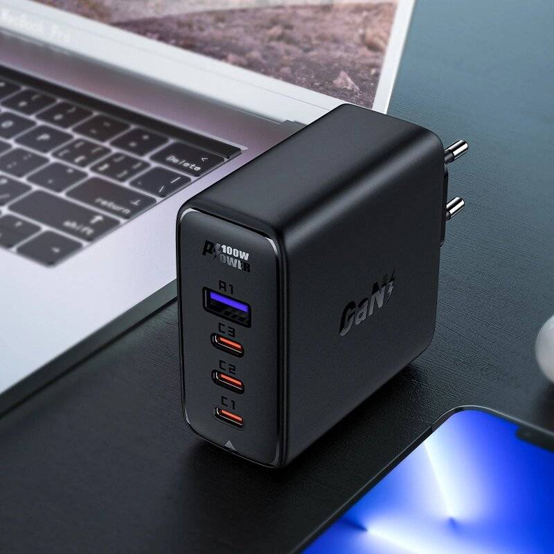 Acefast Schnellladegerät GaN 3xUSB-C/1xUSB-A 100W schwarz + abgewinkeltes Kabel USB-C - 2m