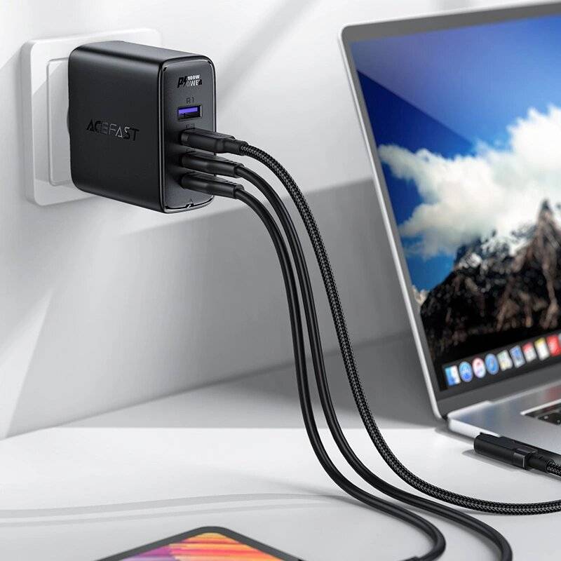 Acefast Schnellladegerät GaN 3xUSB-C/1xUSB-A 100W schwarz + abgewinkeltes Kabel USB-C - 2m