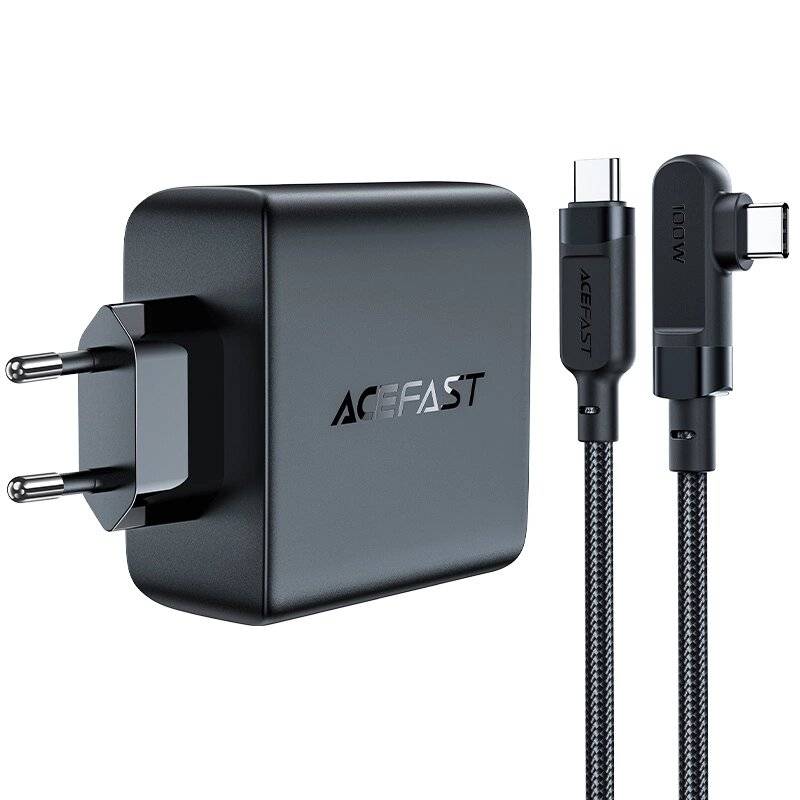 Acefast Schnellladegerät GaN 3xUSB-C/1xUSB-A 100W schwarz + abgewinkeltes Kabel USB-C - 2m