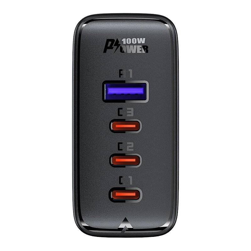 Acefast Schnellladegerät GaN 3xUSB-C/1xUSB-A 100W schwarz + abgewinkeltes Kabel USB-C - 2m