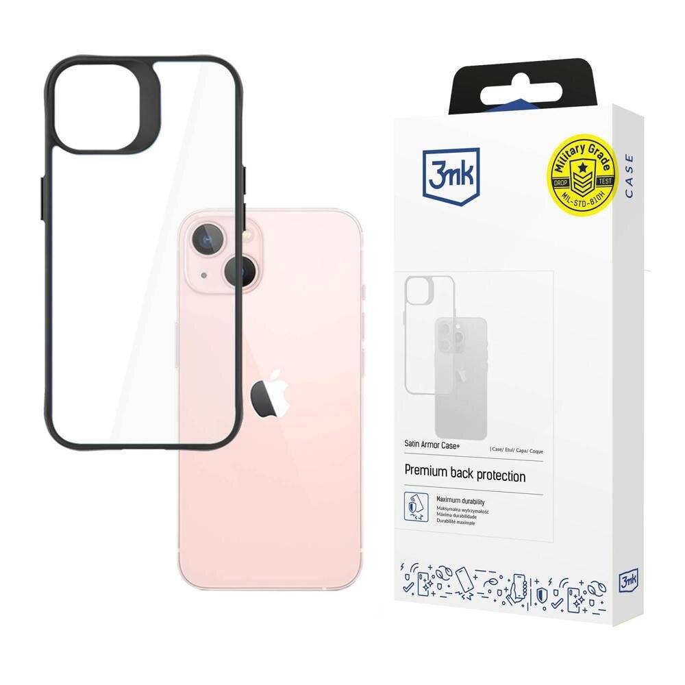 iPhone in Pink mit einem transparenten schwarzen Handyschutzhülle neben seiner Verpackung, beschriftet mit "3mk"" mit Sicherheits- und Haltbarkeitssymbolen.