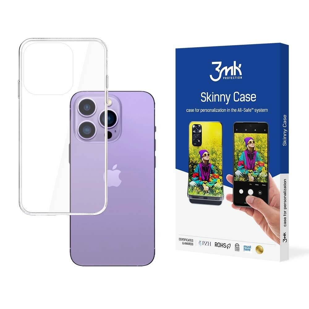 Ein lila Smartphone neben einer durchsichtigen Handyhülle und Verpackung für eine „3mk Protection Skinny Case
