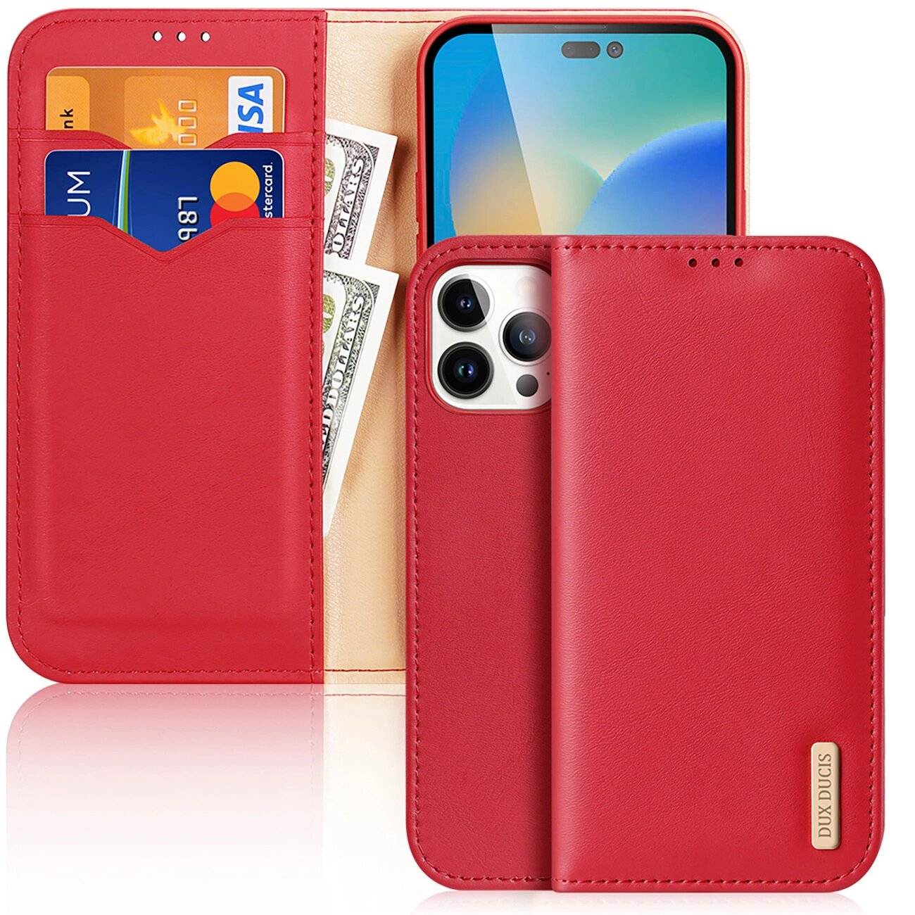 Dux Ducis Hivo echt Leder booktype case schutzhülle aufklappbare hülle iPhone 14 Pro Max rot
