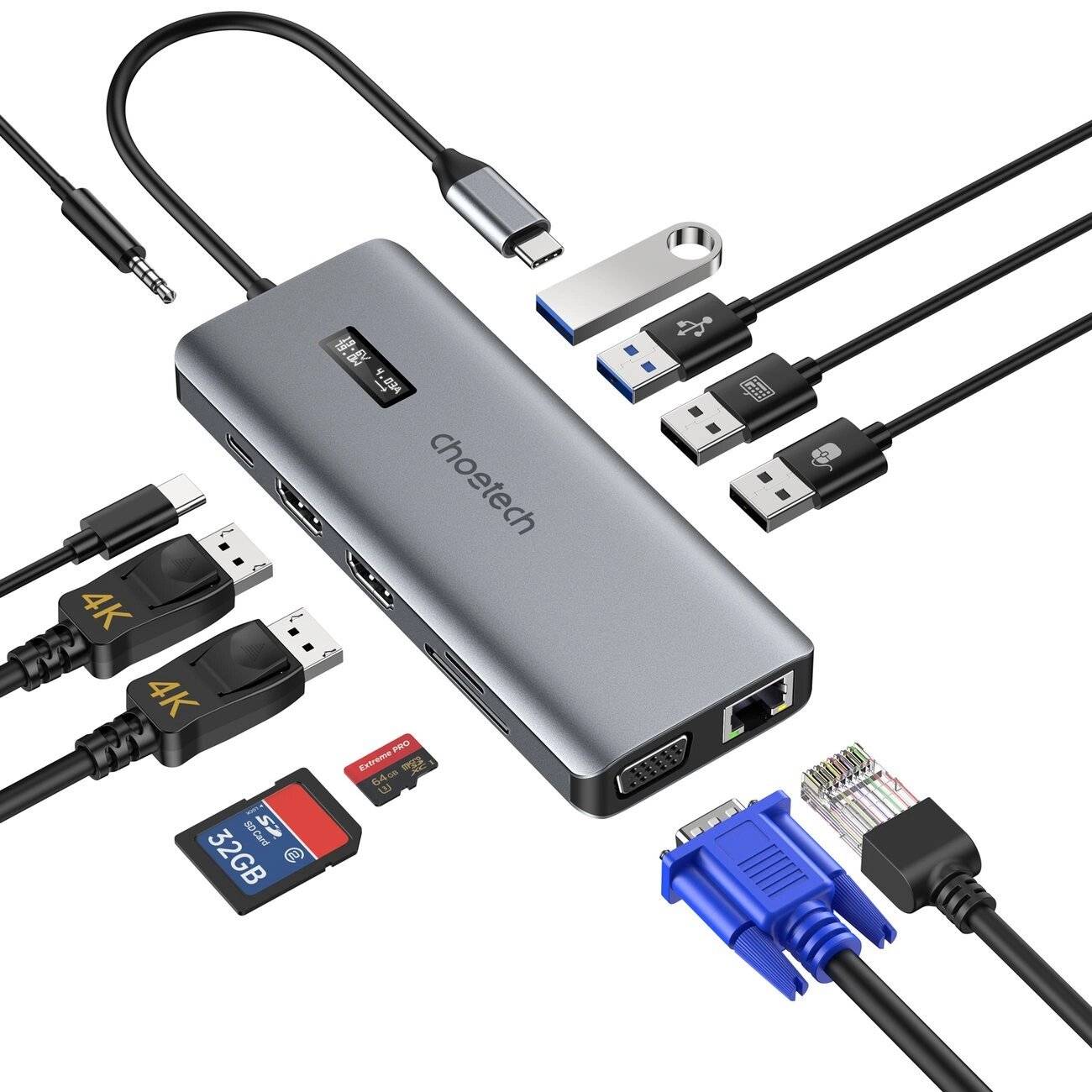 Choetech 12-in-1 USB-C Hub, 100W PD, 2x HDMI 4K, VGA, LAN, SD/TF, Display, HUB-M26