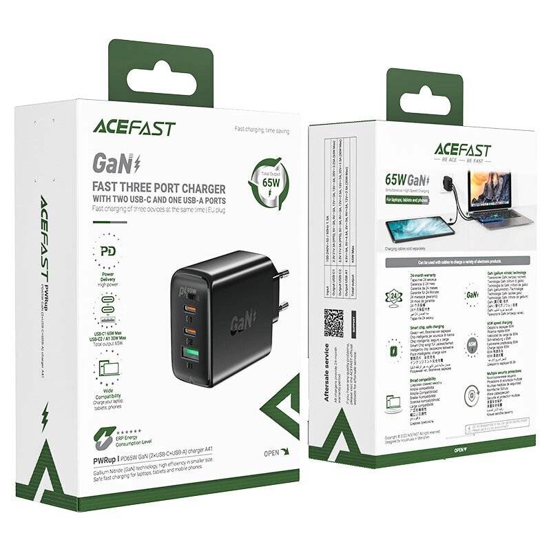 Acefast Schnellladegerät GaN 2xUSB-C / USB-A PPS PD QC4+ 65W schwarz A41