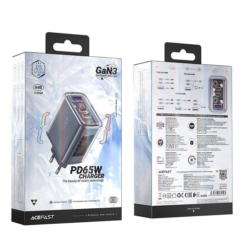Acefast Ladegerät GaN 65W 3 Ports 1xUSB, 2xUSB C grau A45