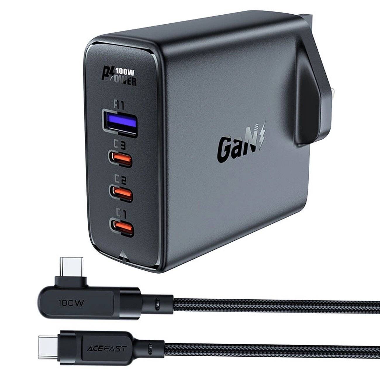 Schnellladegerät GaN UK 100W Power Delivery 3x USB C 1x - Schwarz