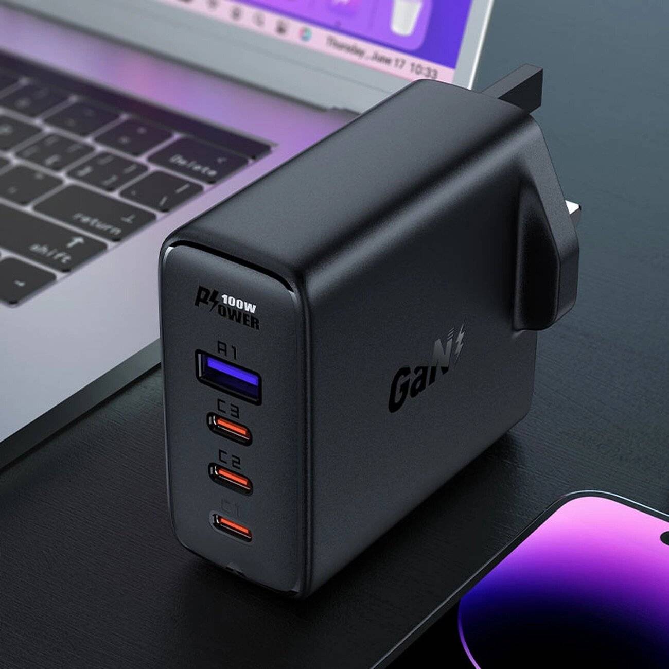 Schnellladegerät GaN UK 100W Power Delivery 3x USB C 1x - Schwarz