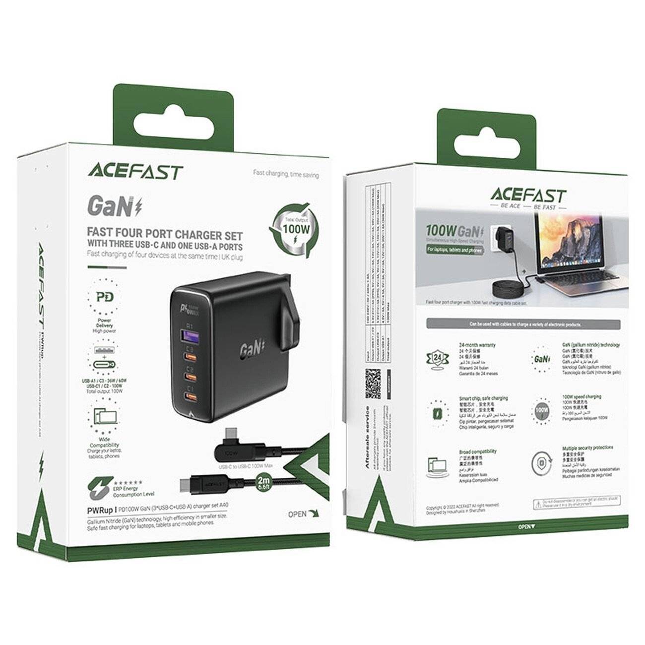 Schnellladegerät GaN UK 100W Power Delivery 3x USB C 1x - Schwarz