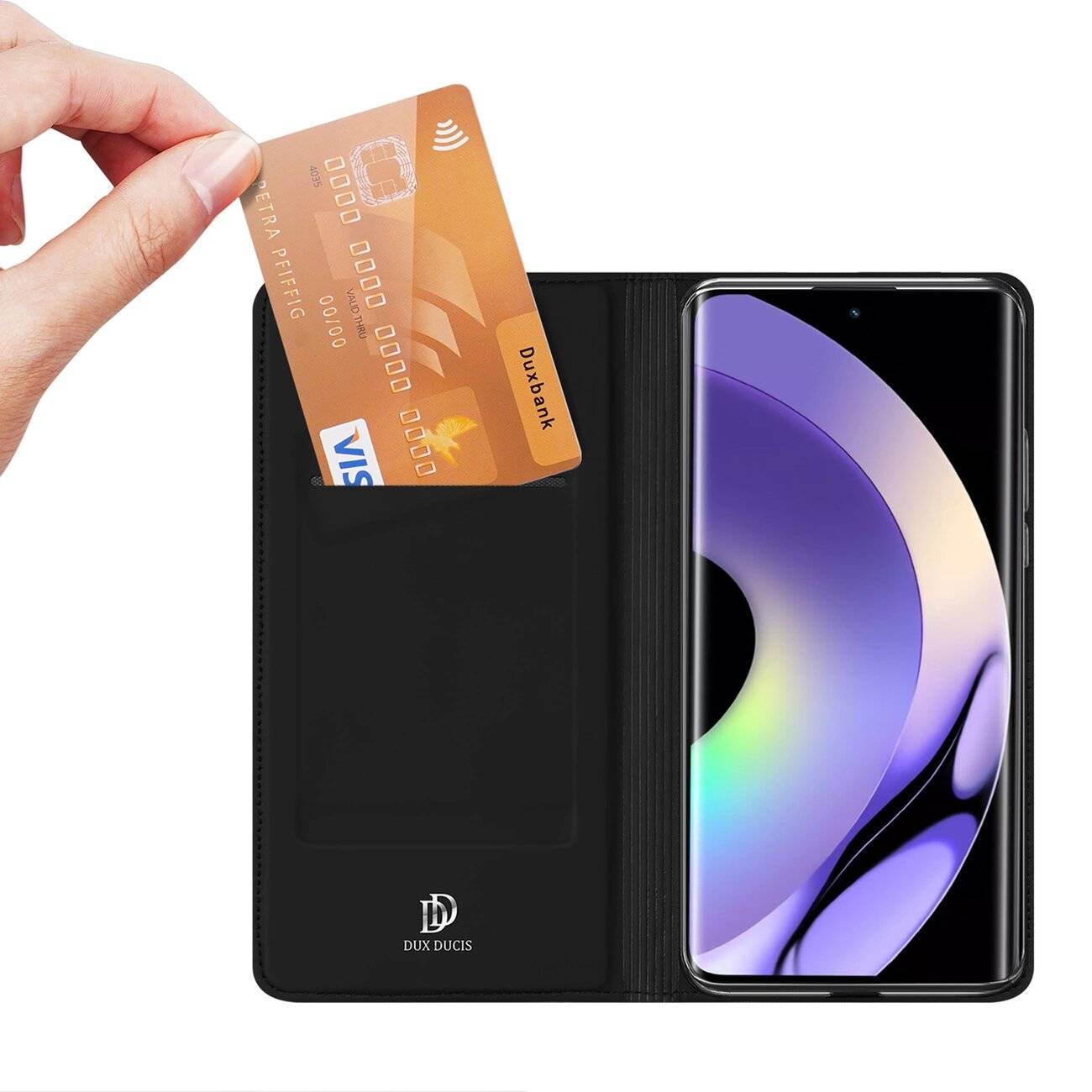 Dux Ducis Skin Pro Hülle Realme 10 Pro+ Flip Cover Card Wallet Stand schwarz