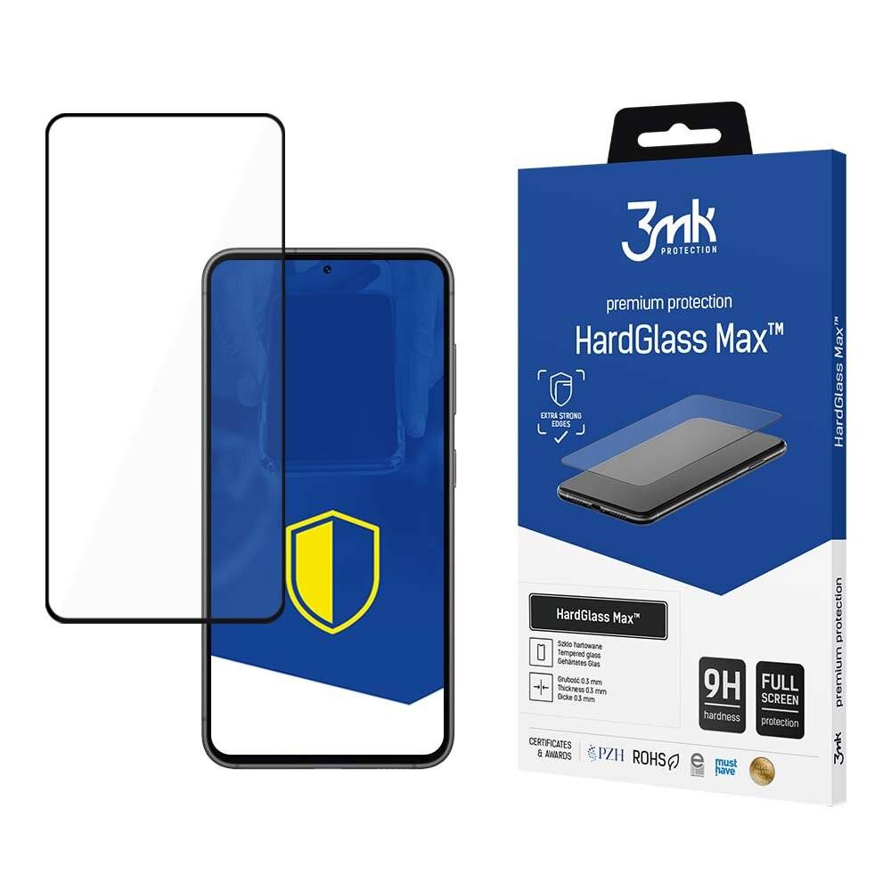 Ein Smartphone-Displayschutz neben seiner Verpackung mit der Bezeichnung „3mk HardGlass Max™