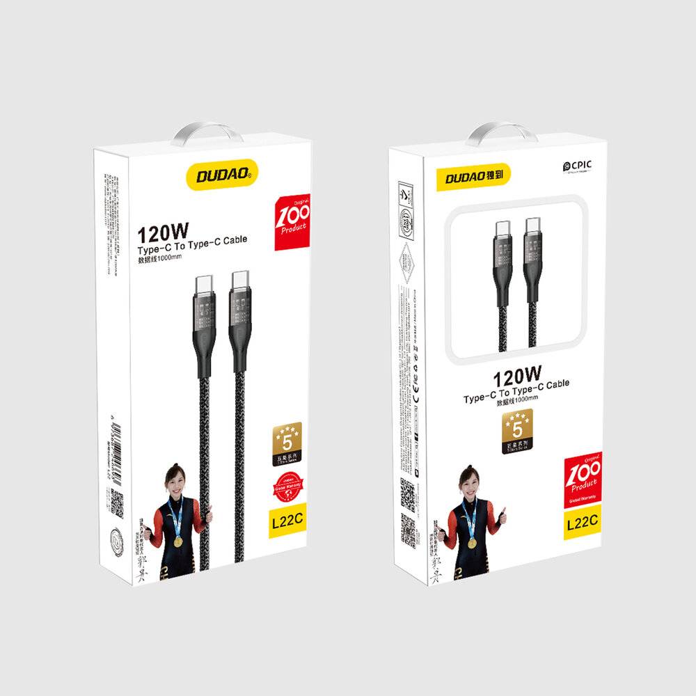 Zwei Boxen von Dudao 120W USB-C auf USB-C Kabeln, die das Produktbild, die Markenbezeichnung und eine Behauptung von 5-mal schnellerem Laden zeigen.