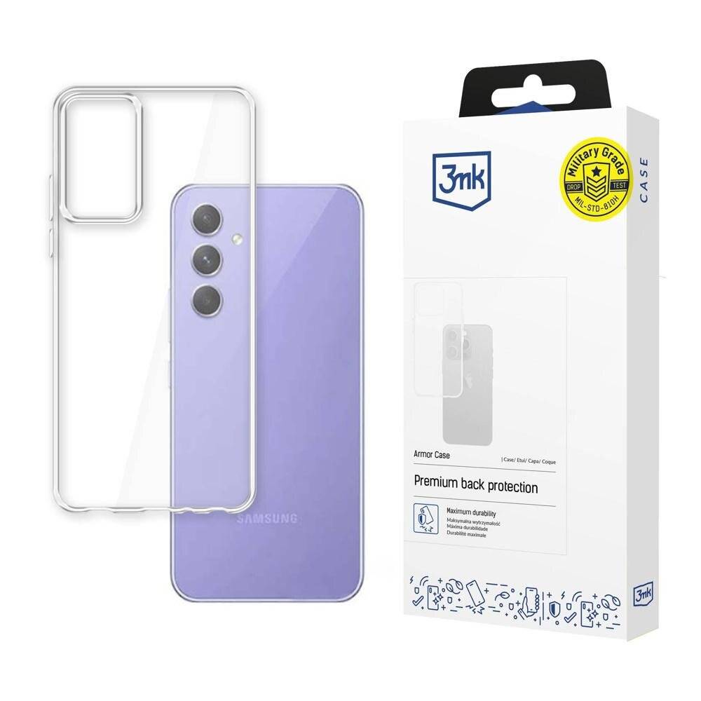Transparente Handyhülle neben einem lila Smartphone, mit Verpackung mit dem Etikett „3mk Armor Case