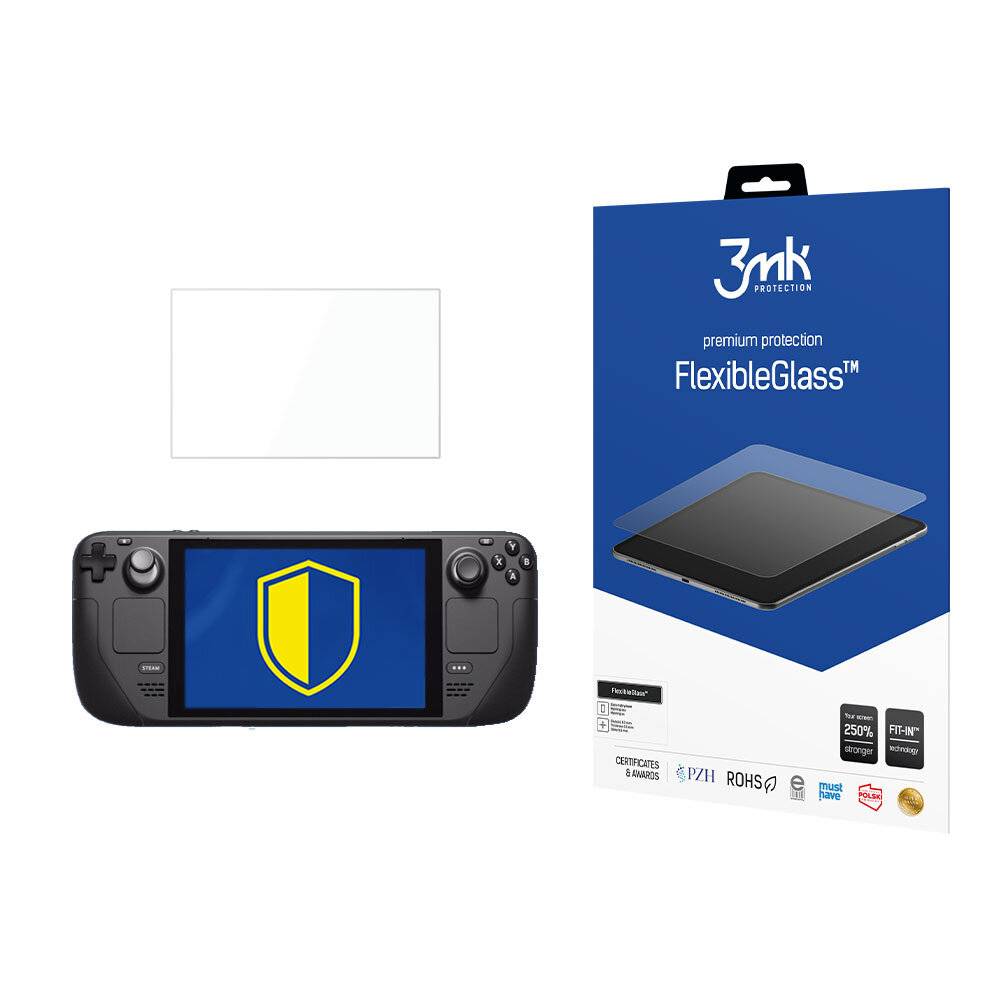 Eine tragbare Spielkonsole mit einer Displayschutzfolie, die neben ihrer Verpackung mit dem Etikett „3mk FlexibleGlass