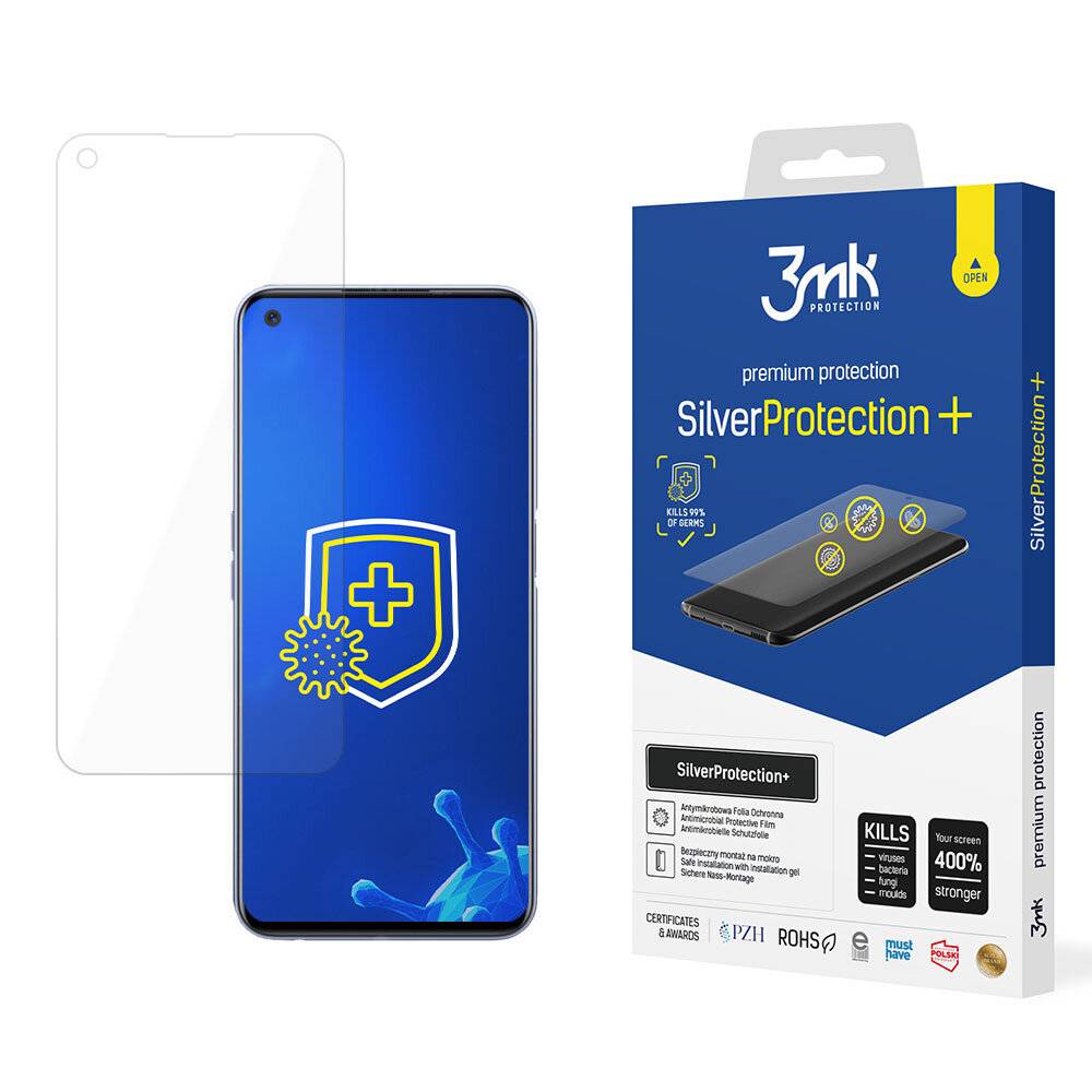 Displayschutzfolie-Produktbild mit Verpackung und einem Telefon mit Schilddesign auf dem Bildschirm, das Schutz andeutet.