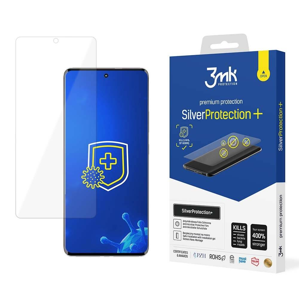 3mk SilverProtection+ Displayschutzfolie Packung und Telefon mit sichtbarem Schildsymbol, das verbesserten Geräteschutz und Hygiene hervorhebt.