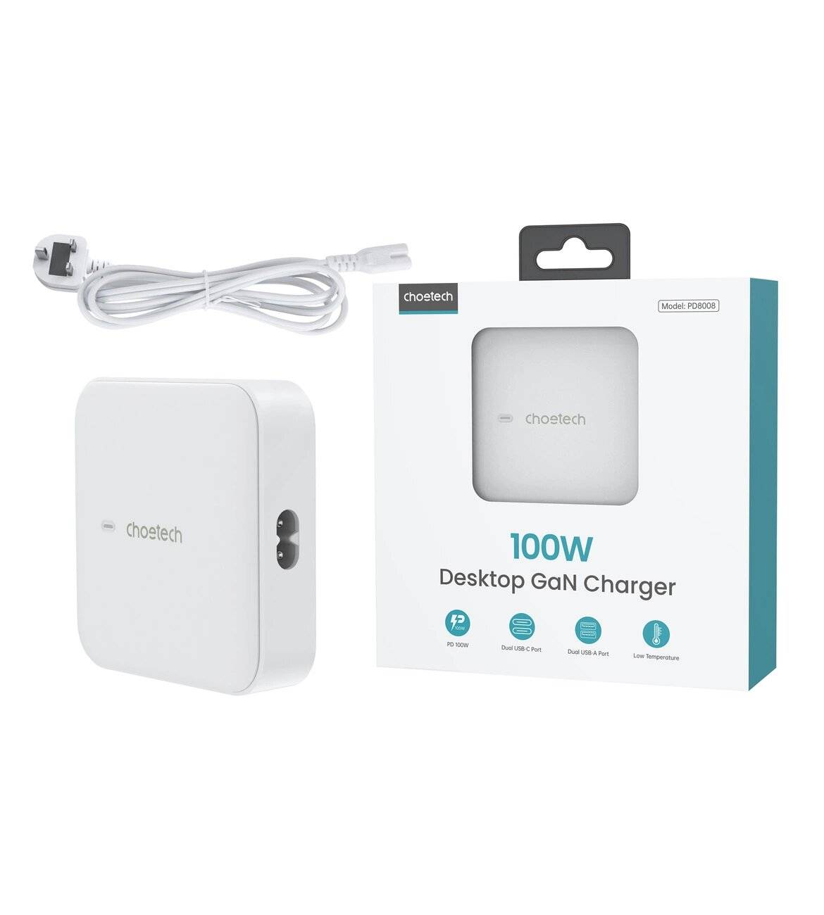 Choetech PD8008 GaN-Tischladegerät, 100W, 2x USB-C, 2x USB-A, Weiß