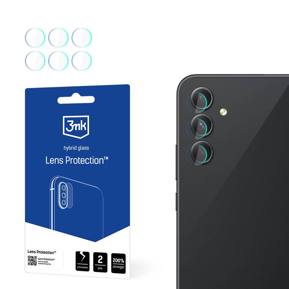 3mk hybrid glass Objektivschutz' Verpackung mit drei kreisförmigen Objektivschutzen, die neben einem Smartphone-Kameraobjektiv angezeigt werden.