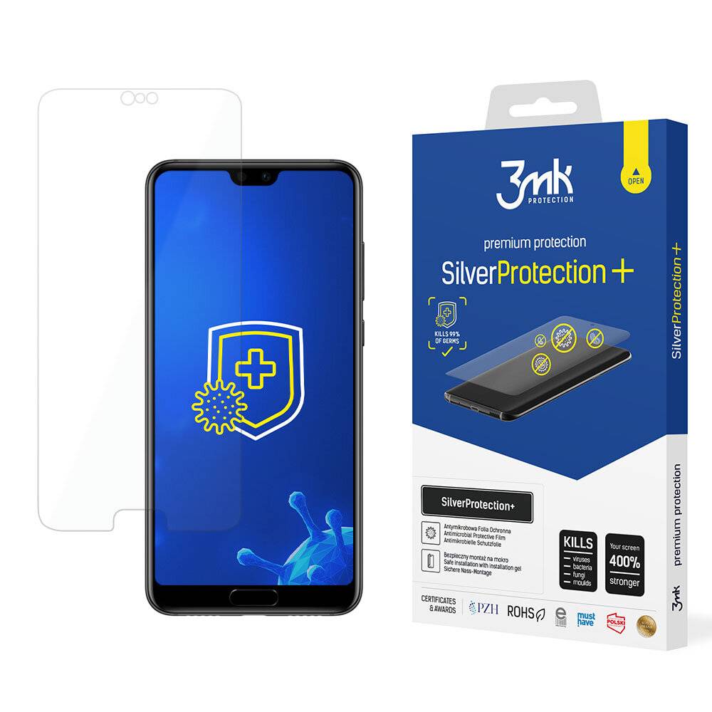 3mk Protection' Smartphone-Displayschutzfolie Verpackung; Bild eines Schildes auf dem Telefonbildschirm, Text: 'SilverProtection+' 'Tötet Viren 400% schneller.