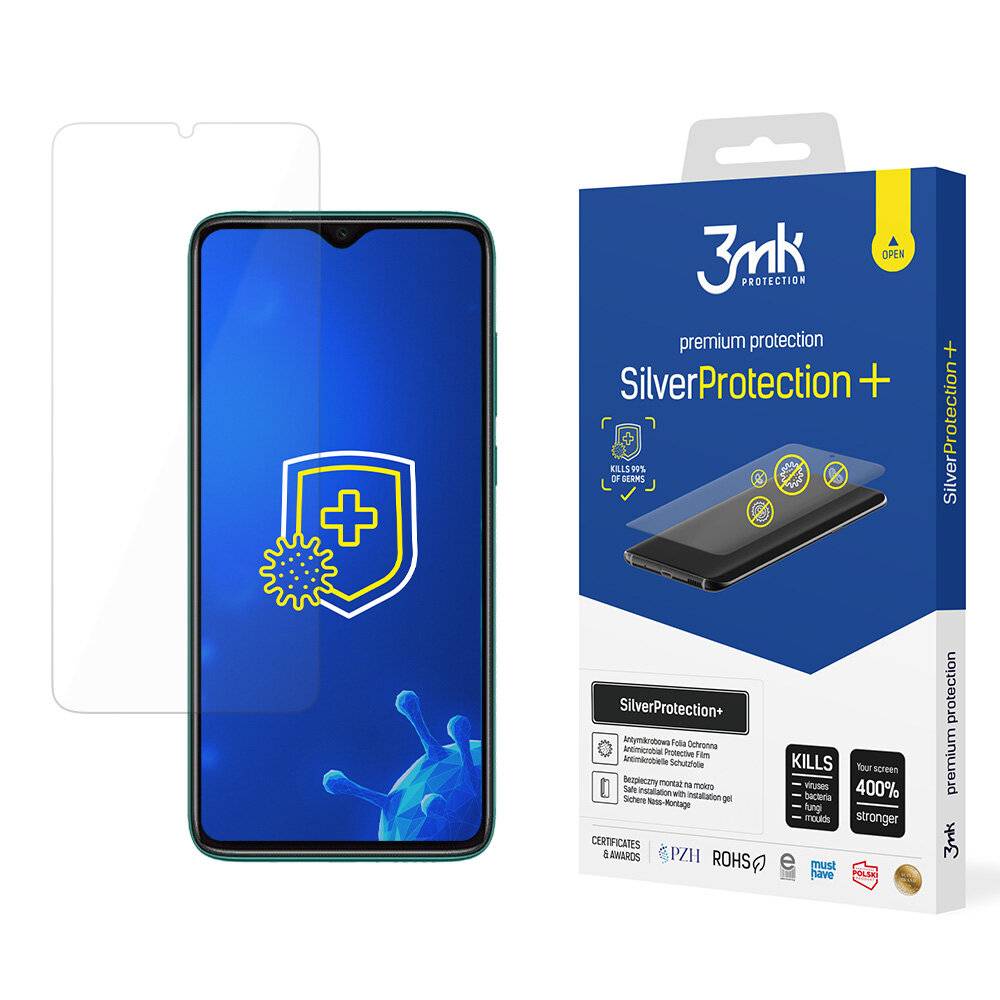 Ein Smartphone-Bildschirm mit blauem Display neben einer Verpackung eines „3mk Protection