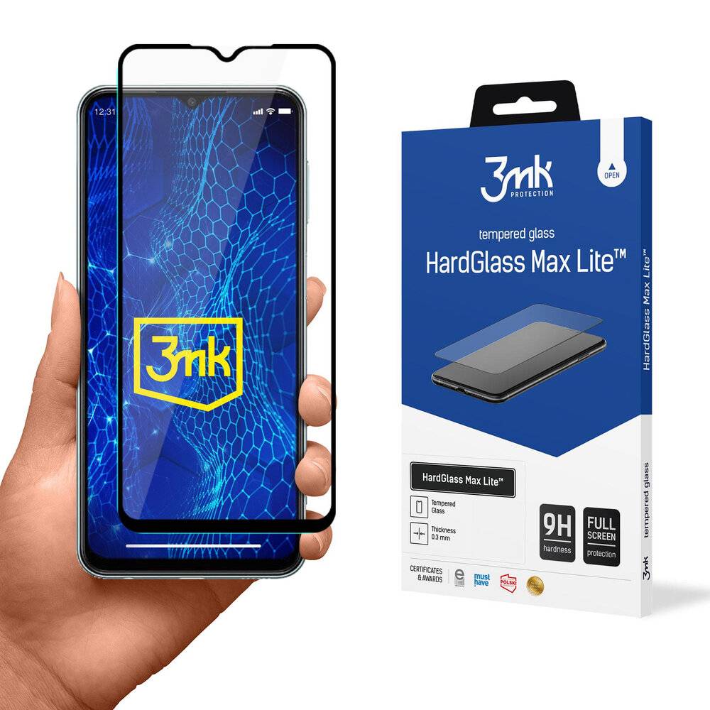 Eine Hand hält ein Smartphone mit einer '3mk' Displayschutzfolie; Verpackung für 'HardGlass Max Lite' auf der rechten Seite.