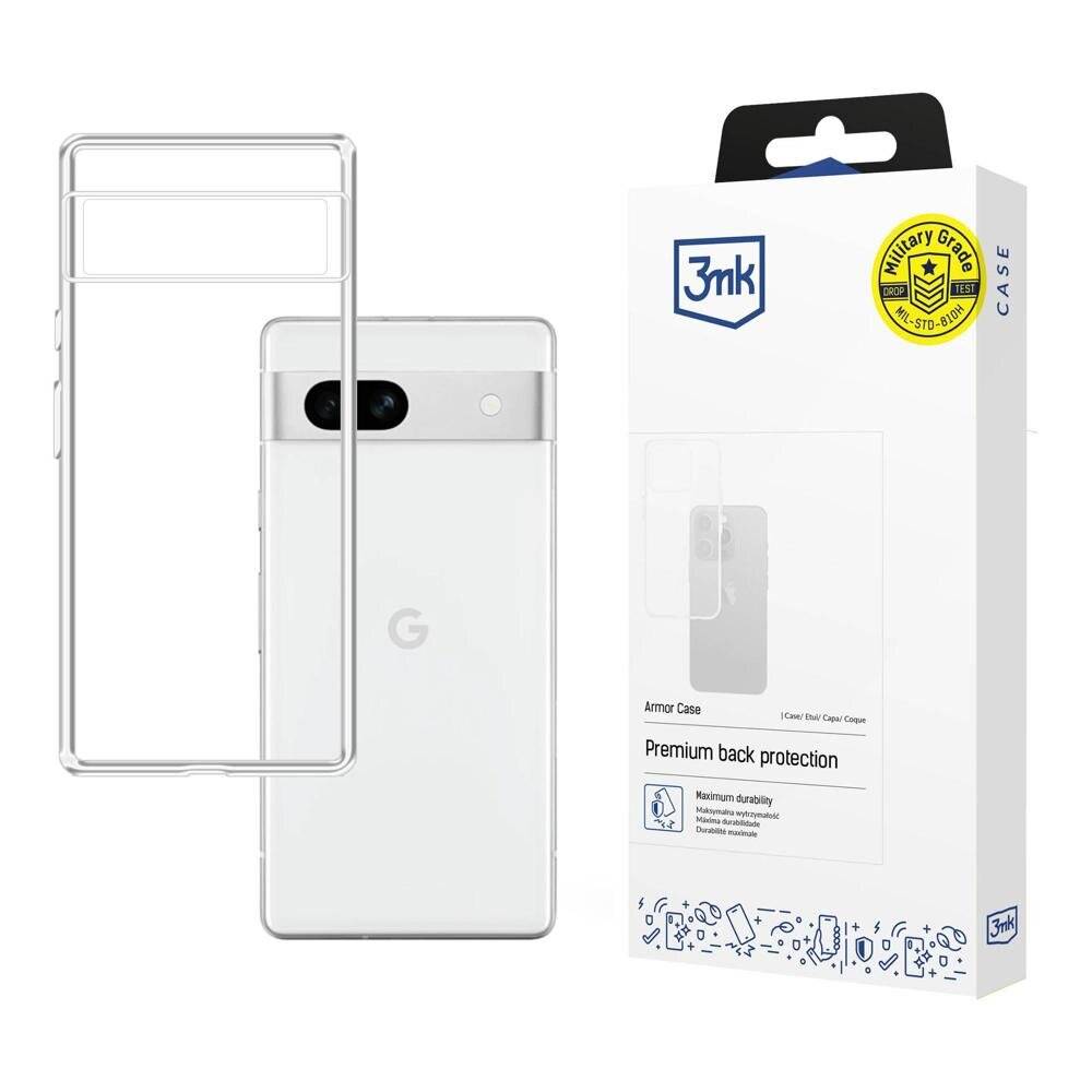 Transparente Handyhülle neben der Verpackung; unterstreicht den hochwertigen Schutz der Rückseite für ein Google-Smartphone, mit Vorder- und Rückansicht.