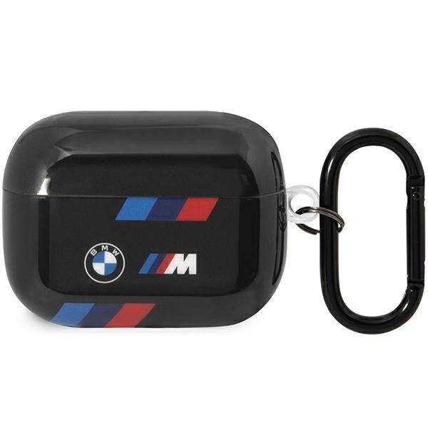 Eine schwarze AirPods-Schutzhülle mit BMW M Logo und einem Karabinerhaken für einfaches Transportieren.