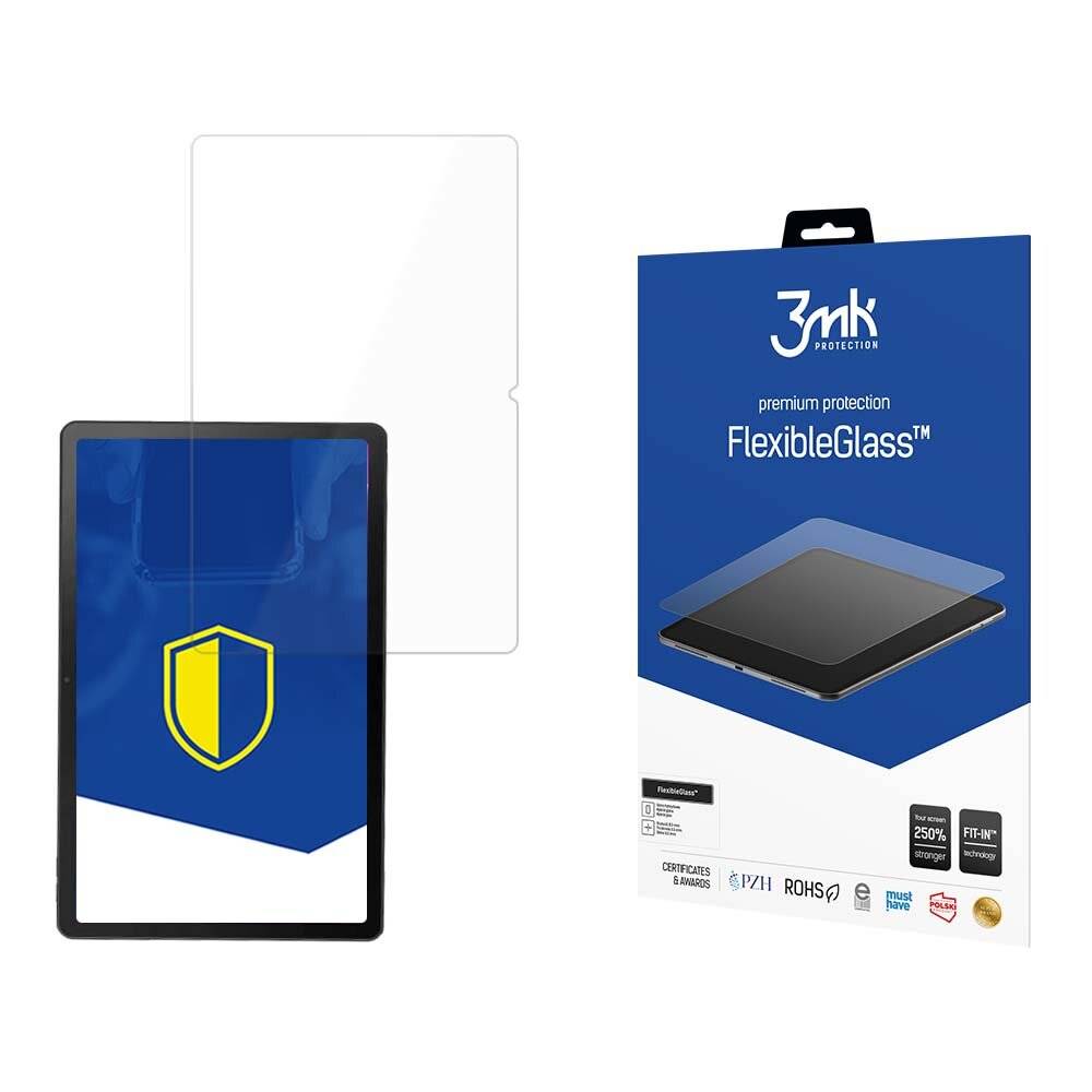 3mk Protection FlexibleGlass' Verpackung und Displayschutz für Tablets. Die Verpackung hebt Produktmerkmale wie Festigkeit und Kompatibilität hervor.