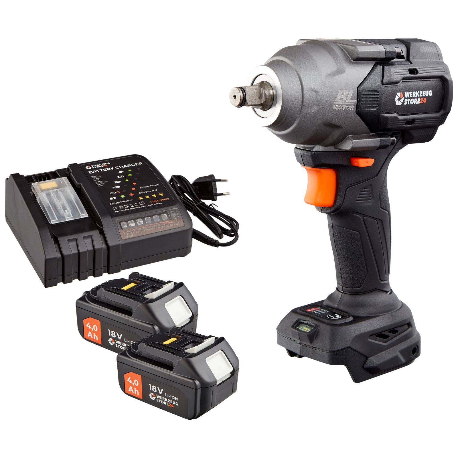 Kabelloser elektrischer Schlagschrauber mit ergonomischem Griff, zwei 18V-Lithium-Ionen-Akkus und einem Ladegerät mit Anzeigelampen.