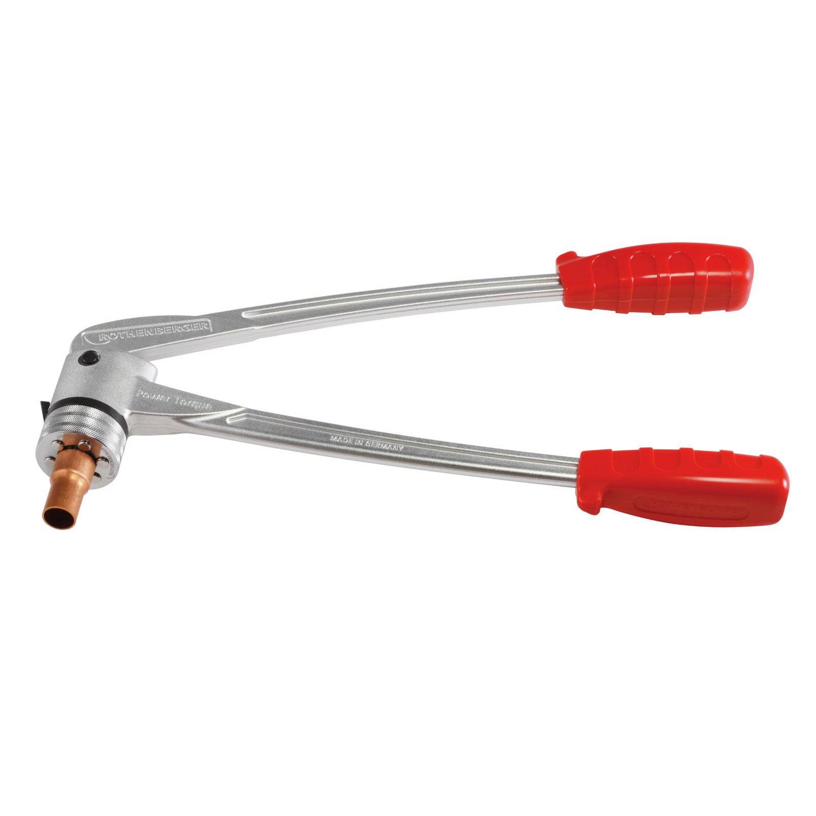 Ein Werkzeug mit roten Griffen und einem metallischen Körper, entwickelt zum Biegen von Kupferrohren und mit einem Schwerpunkt auf Praktikabilität und ergonomischem Design.