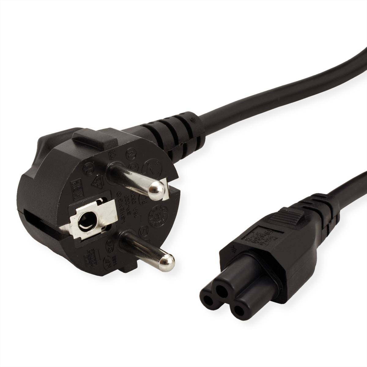 Ein schwarzes europäisches Stromkabel mit Stecker und einer Eurostecker-Endung, dargestellt vor weißem Hintergrund.