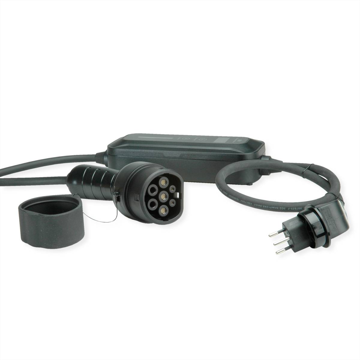 Elektrofahrzeug-Ladekabel mit einem Typ-2-Stecker und einem Schuko-Stecker, konzipiert für die Heimladung.