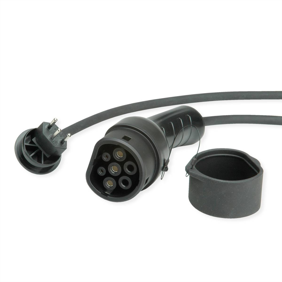 Ladekabel für Elektrofahrzeuge mit einem Stecker mit mehreren Kontakten und einer schwarzen Schutzabdeckung, das zum Anschluss an eine Ladestation verwendet wird.