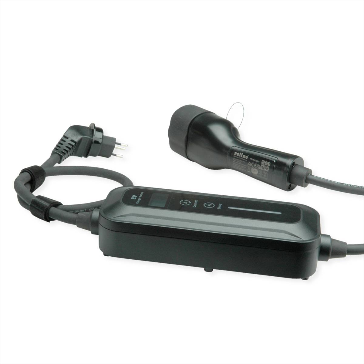 Ladekabel für Elektrofahrzeuge mit Stecker und Steuerbox; ausgestattet mit Leistungsanzeige und Anschluss für den Ladeanschluss des Fahrzeugs.