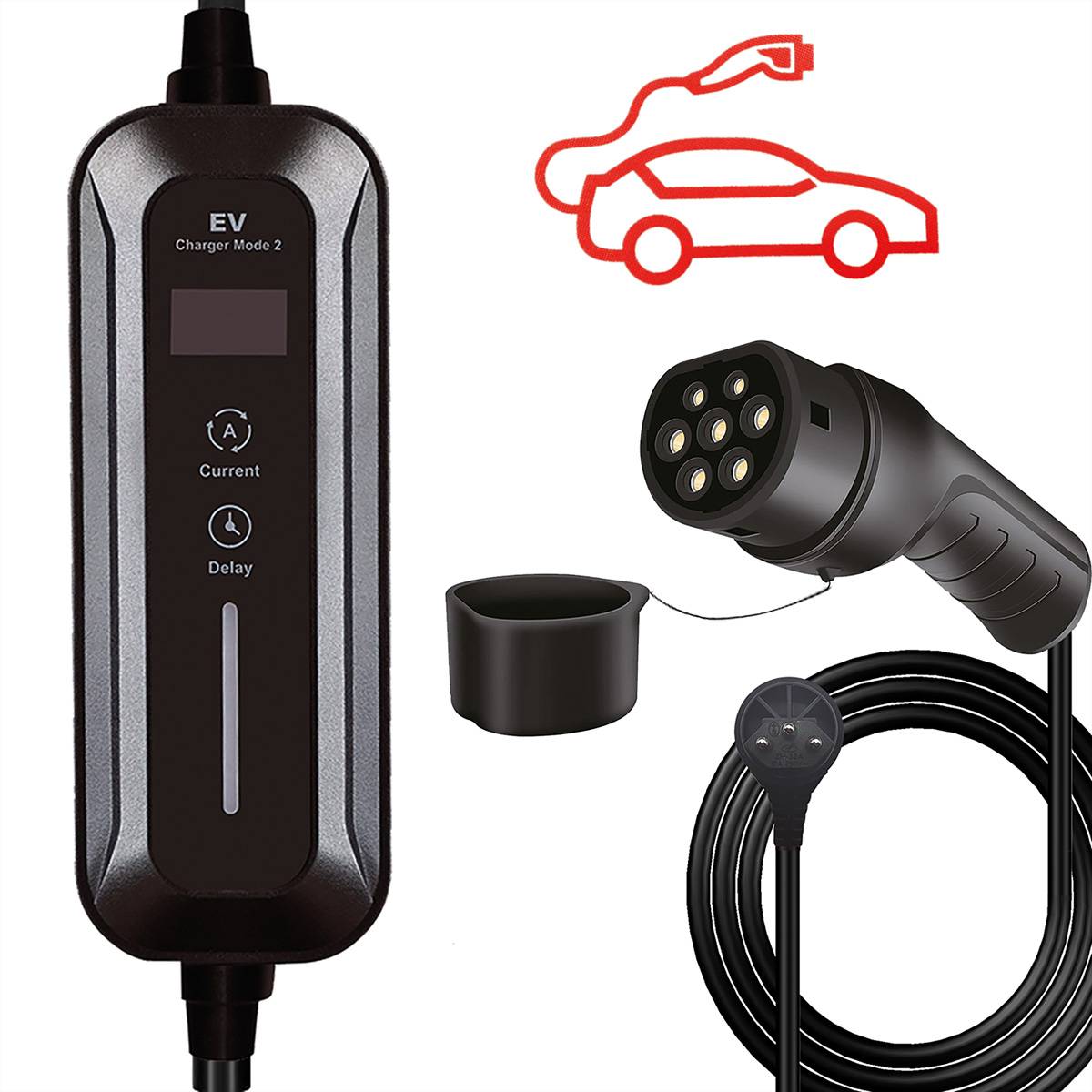 Elektrofahrzeug-Ladegerät mit Kabel und Stecker, ausgestattet mit Stromstärken-Einstellung und Verzögerungsoptionen, daneben eine Ikone eines Autos mit Ladesymbol.