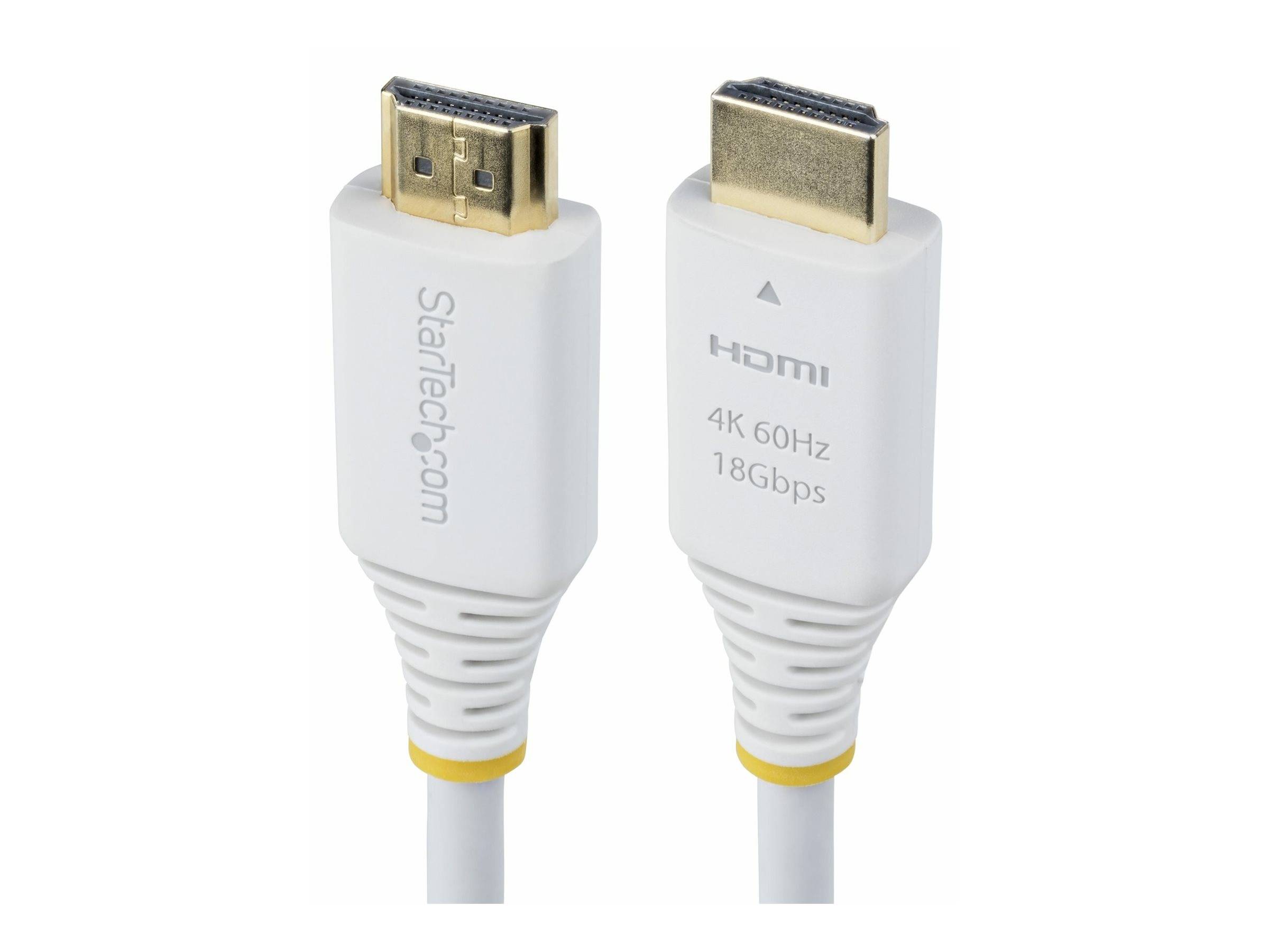 Zwei weiße HDMI-Kabel mit den Beschriftungen: 'StarTech.com', '4K 60Hz', '18Gbps