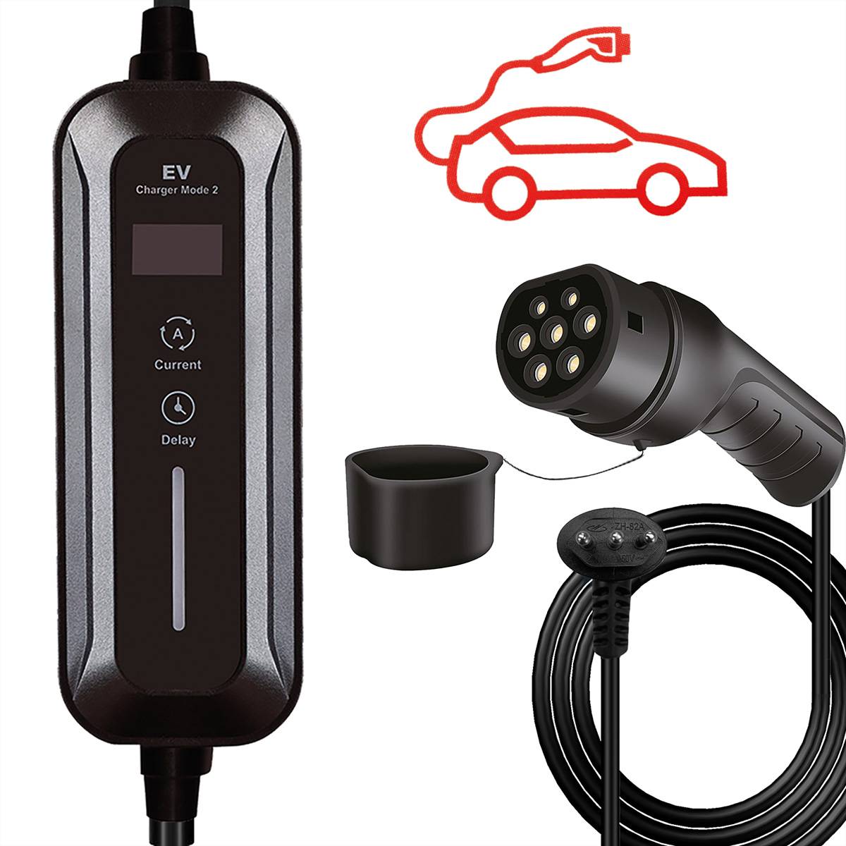 Ladekabel für Elektrofahrzeuge mit Steuerbox und Stecker, neben einem Symbol eines Autos und einem Ladezeichen.