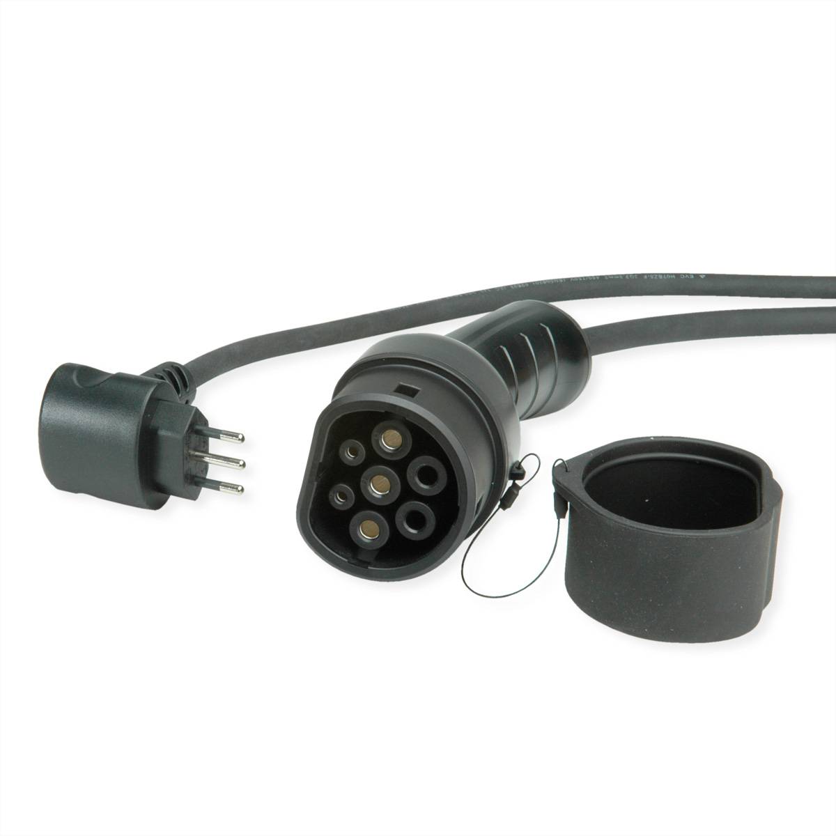 Ein elektrisches Ladekabel mit einem Typ-2-Stecker an einem Ende und einem Standard-3-Pin-Stecker am anderen Ende, das zum Laden von Elektroautos verwendet wird.