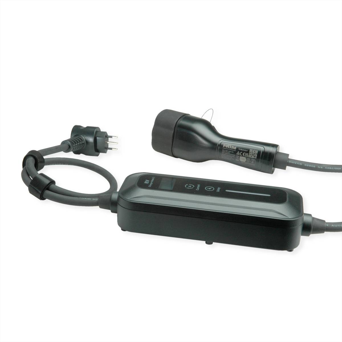 Elektrofahrzeug-Ladegerät mit einem Dreipol-Stecker und einer Steuerbox, für die Nutzung zu Hause entwickelt.