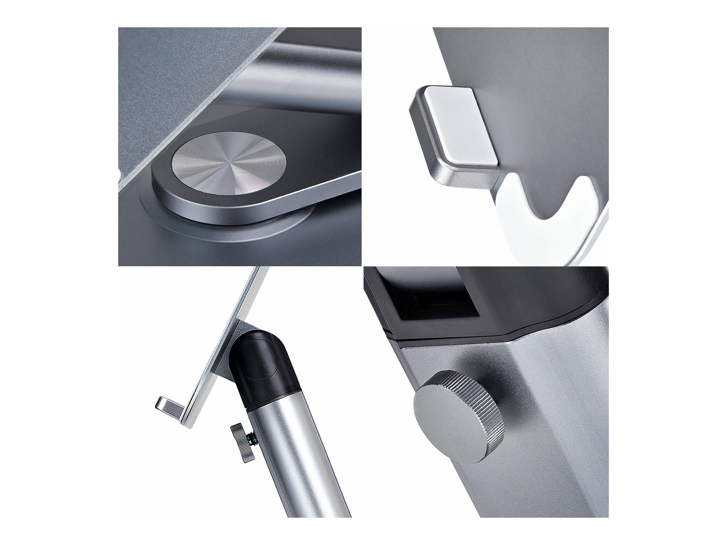 Quad-Bildcollage mit Nahaufnahmen eines Metallständers, die einen Einstellknopf, ein Schwenkgelenk, einen Befestigungshaken und eine elegante Stützstange zeigen.