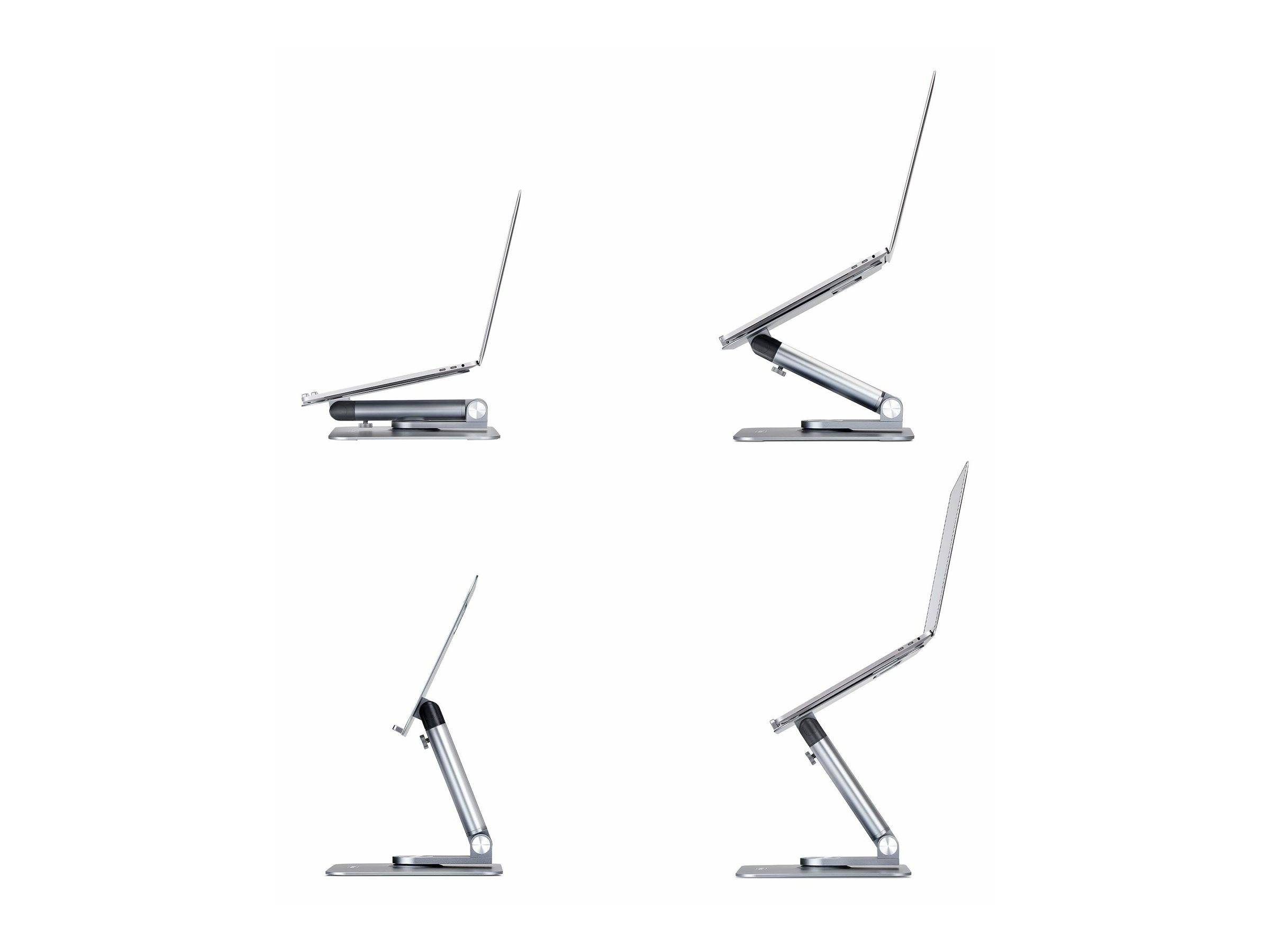 Ein Laptop auf einem verstellbaren Ständer wird in vier verschiedenen geneigten Winkeln gezeigt, wobei die ergonomische Flexibilität und Höhenvariation betont werden.