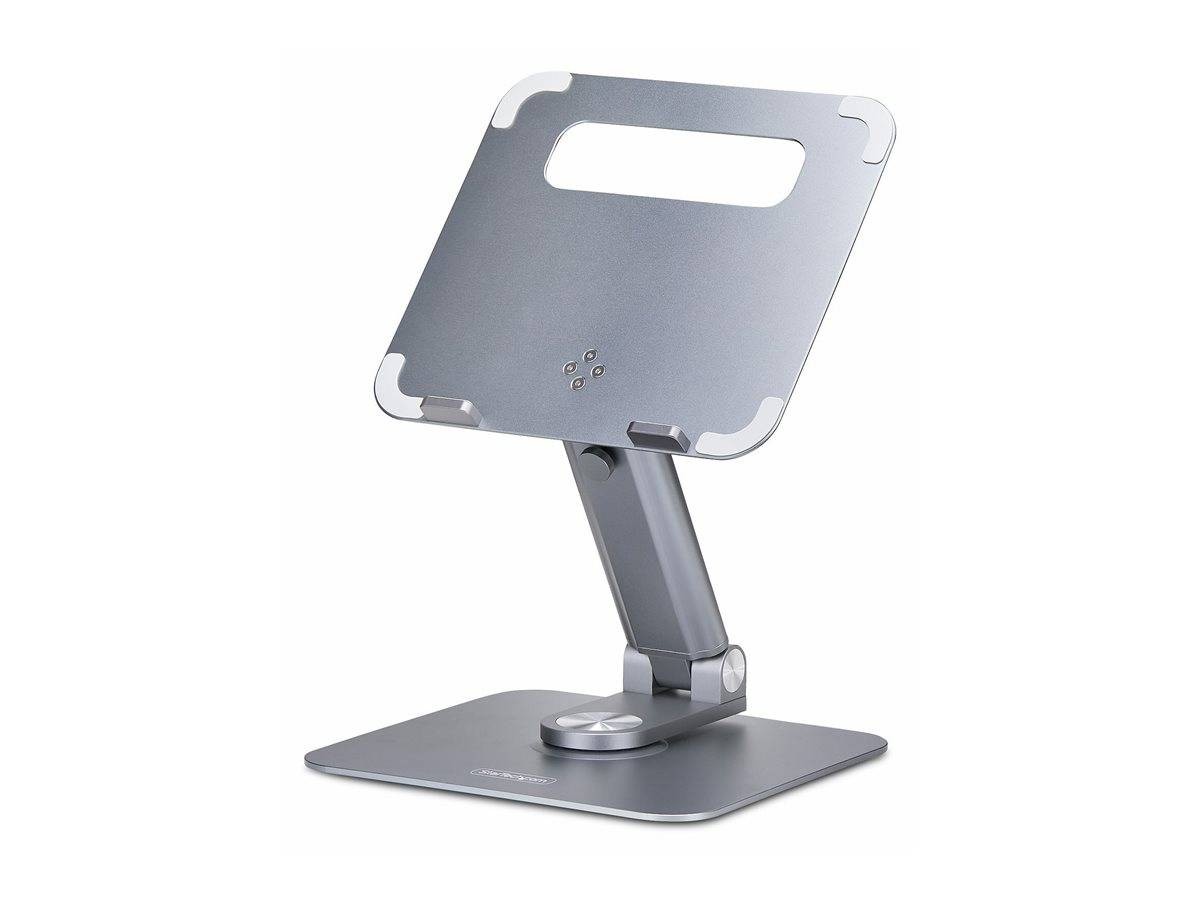 Verstellbarer Aluminium-Laptopständer mit ausgeschnittenem Griff, konzipiert für Höhen- und Winkelverstellung.