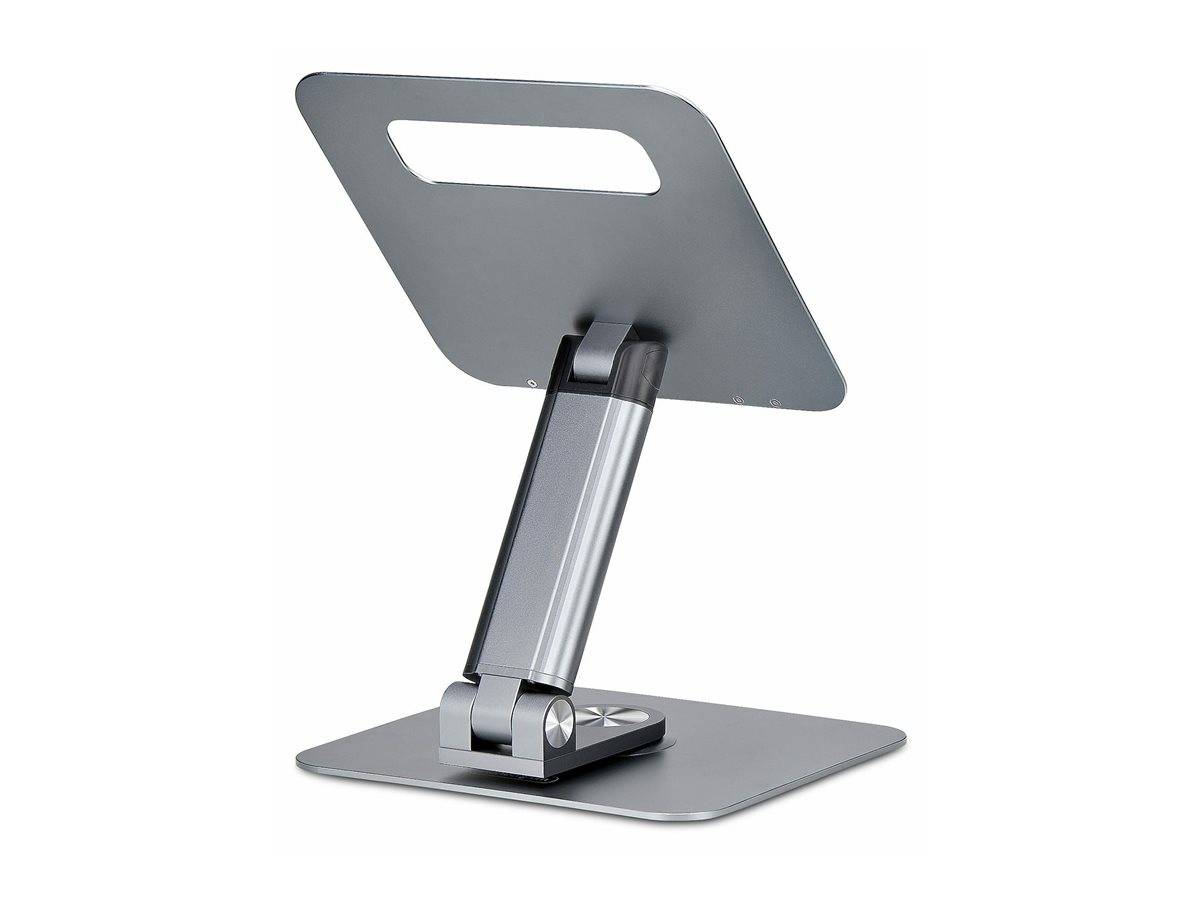 Ein schlanker, silberner Metall-Tablet- oder Laptop-Ständer mit verstellbarem Arm und einem Griff auf der Rückseite für einfachen Transport, konzipiert für ergonomische Nutzung.