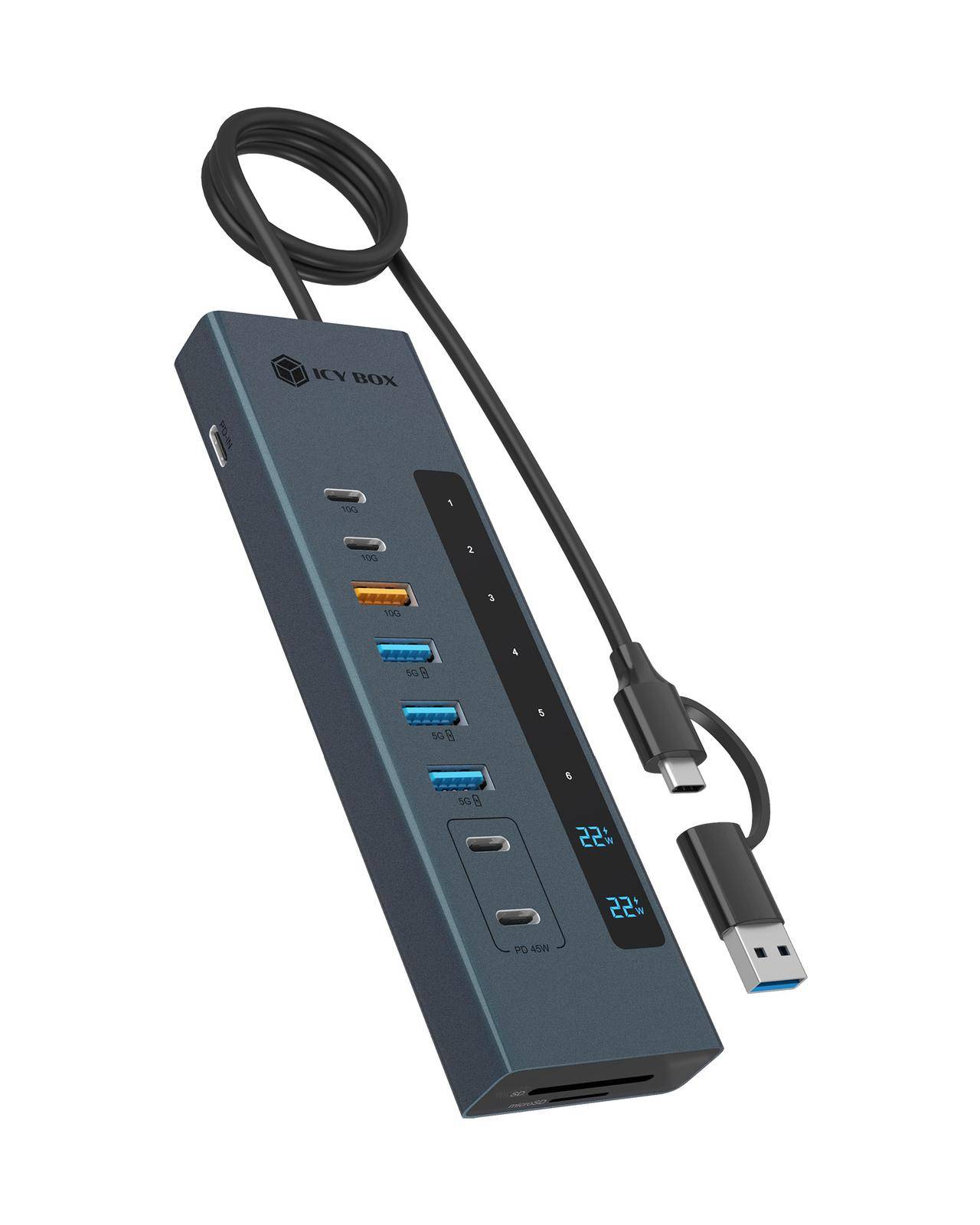 USB-C-Hub mit angeschlossenem USB-A-Kabel, mehreren Anschlüssen und kleinem LED-Temperatur-Display