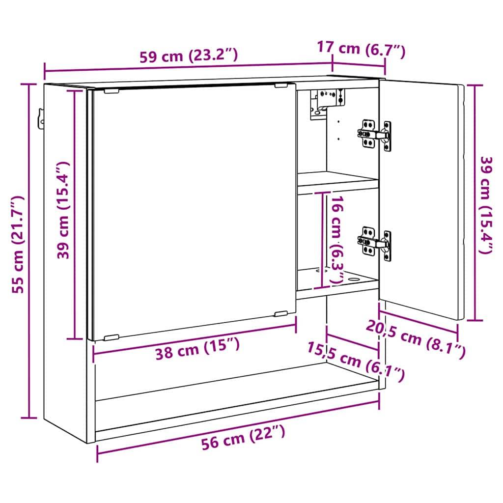 vidaXL Spiegelschrank mit Tür Schwarz 59 x 17 x 55 cm Holzwerkstoff