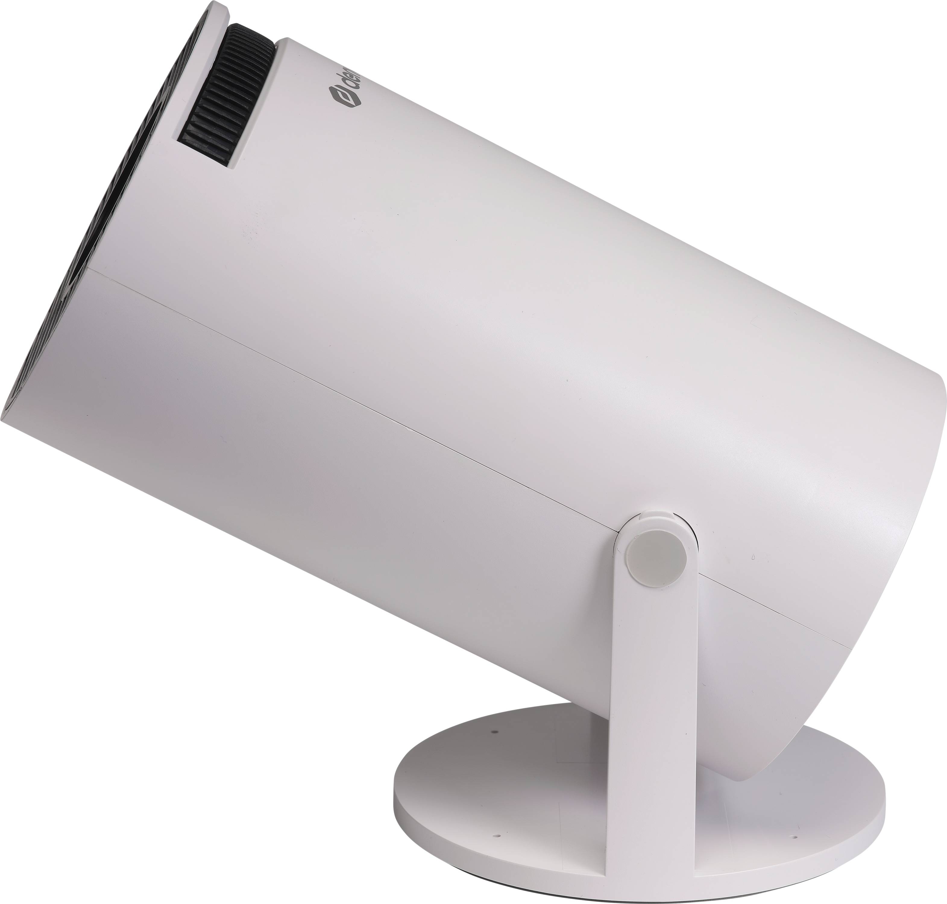 Ein weißer Tischventilator mit zylindrischem Design ist auf seiner runden Basis nach oben geneigt und eignet sich zum Lenken des Luftstroms in verschiedene Richtungen.