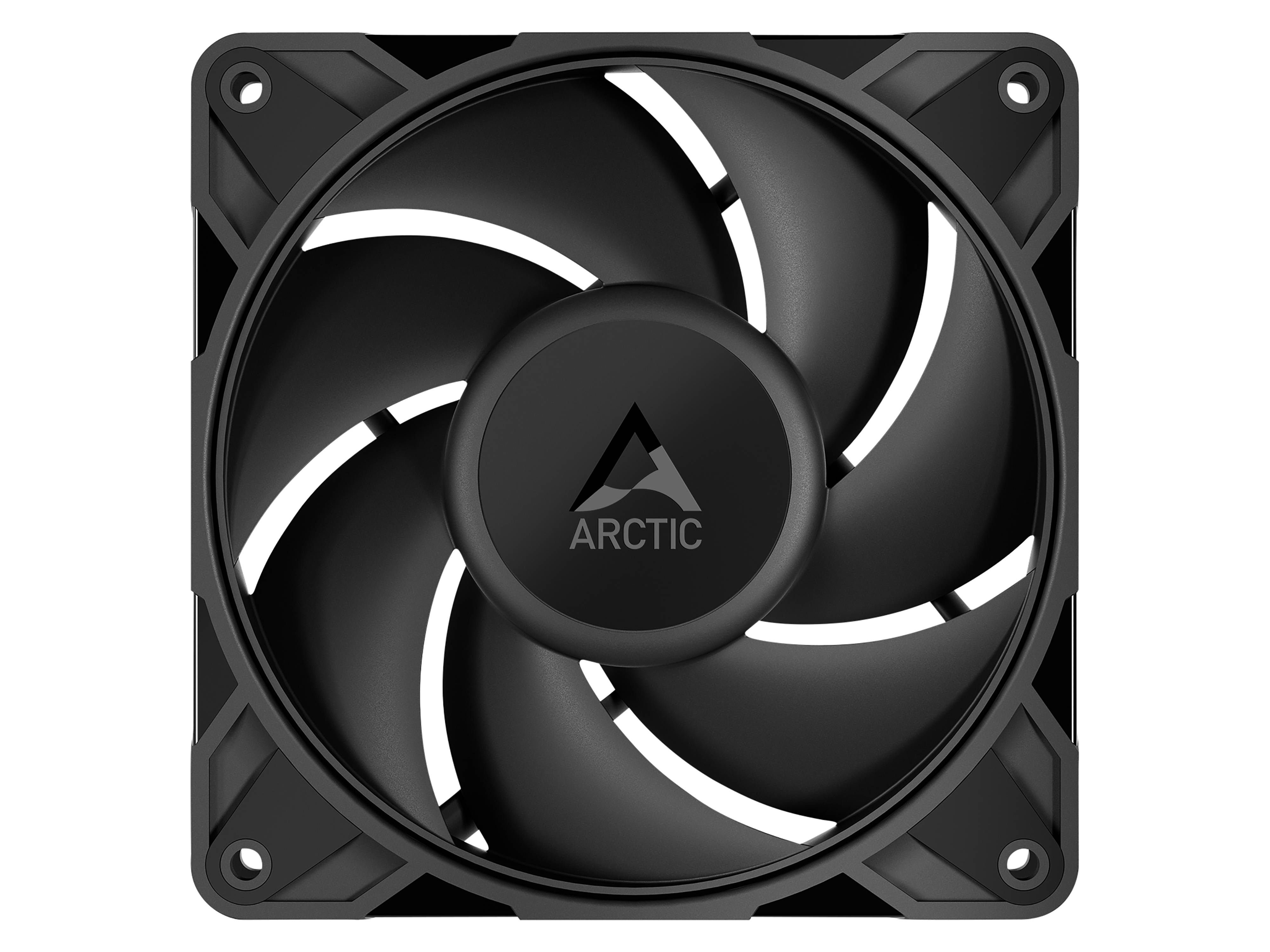 Ein schwarzer Computerlüfter mit dem Arctic-Logo in der Mitte, versehen mit einem quadratischen Rahmen und fünf Rotorblättern.