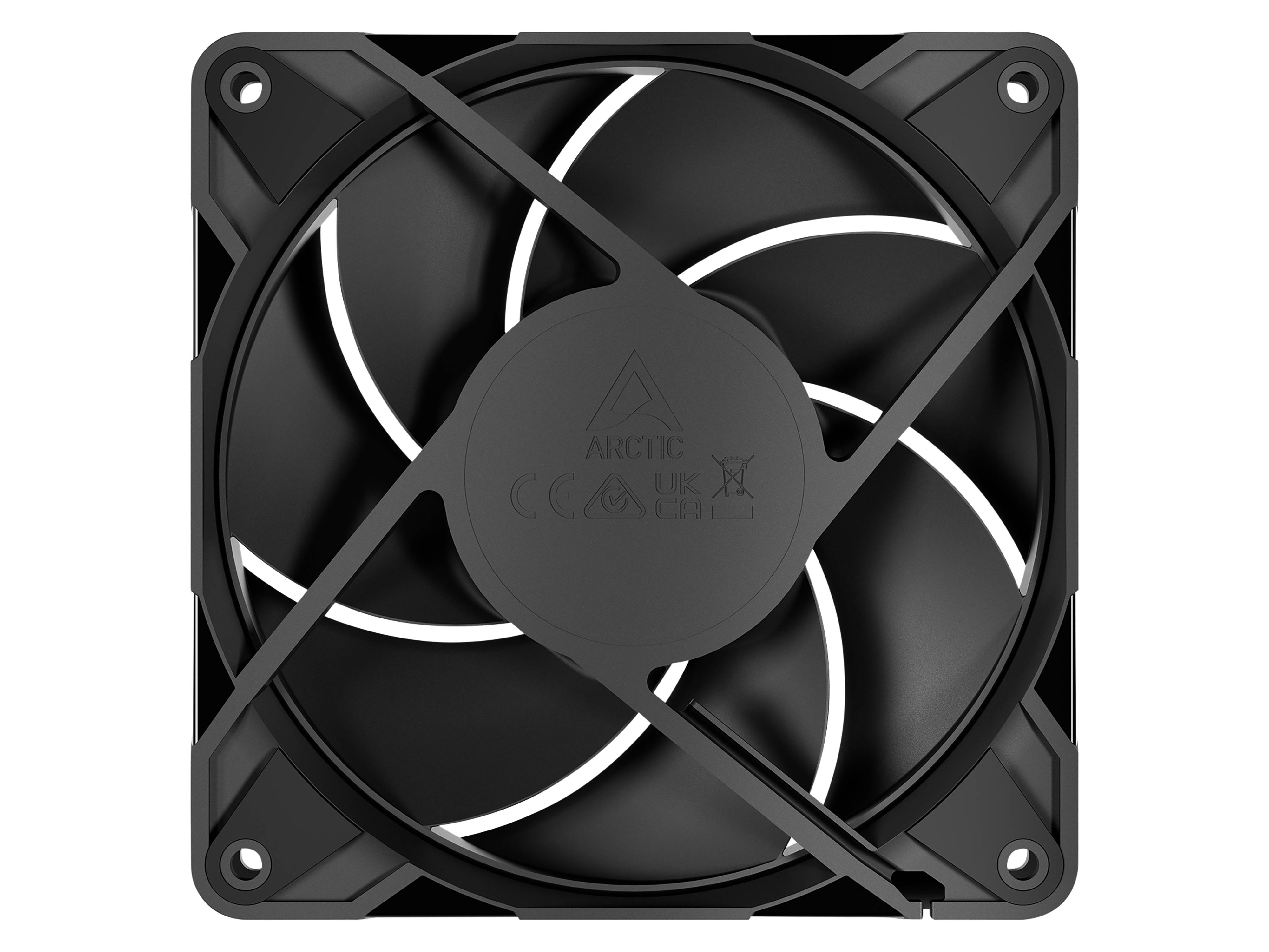 Ein schwarzer Computerkühllüfter mit fünf Rotorblättern, der in einen quadratischen Rahmen eingebettet ist und im Zentrum das Markenlogo trägt, konzipiert für Belüftungszwecke.