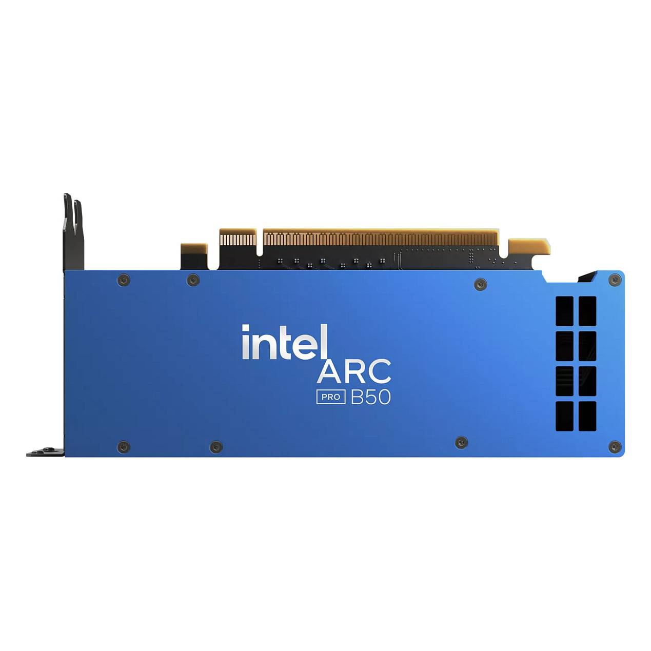 Blaue Grafikkarte mit der Bezeichnung „Intel ARC Pro B50