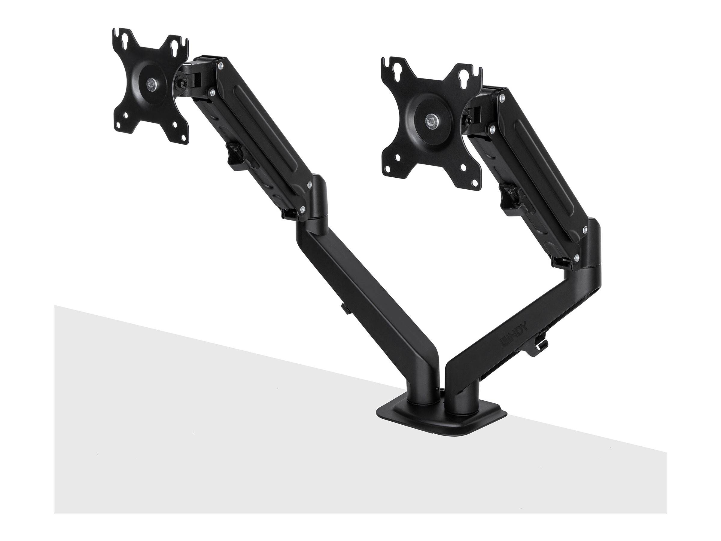 Ein Dual-Monitor-Schreibtischhalter mit verstellbaren Armen hält zwei VESA-kompatible Bildschirme nebeneinander über einer ebenen Fläche und verbessert so die Organisation des Arbeitsplatzes.